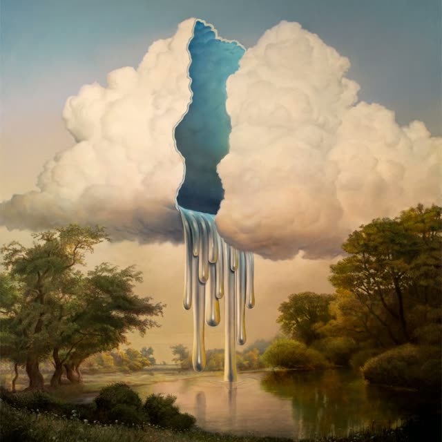 Painting of a cloud split open, silver liquid pouring into a lake
